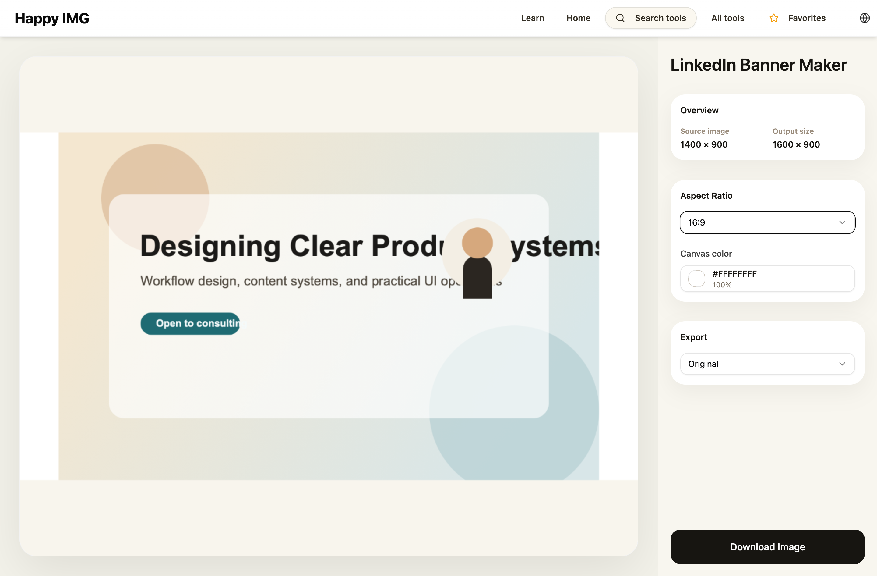 LinkedIn Banner Maker editor with a wide banner ratio selected