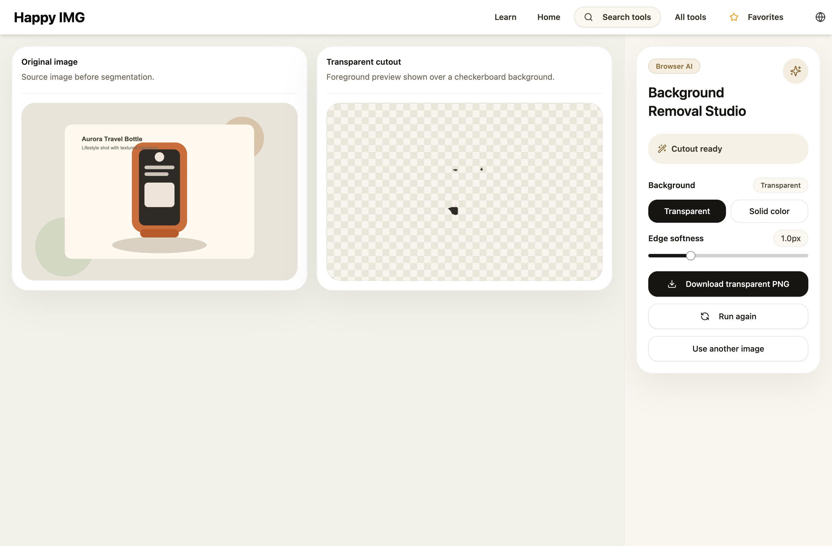 Remove Background editor showing the original product photo and transparent cutout preview