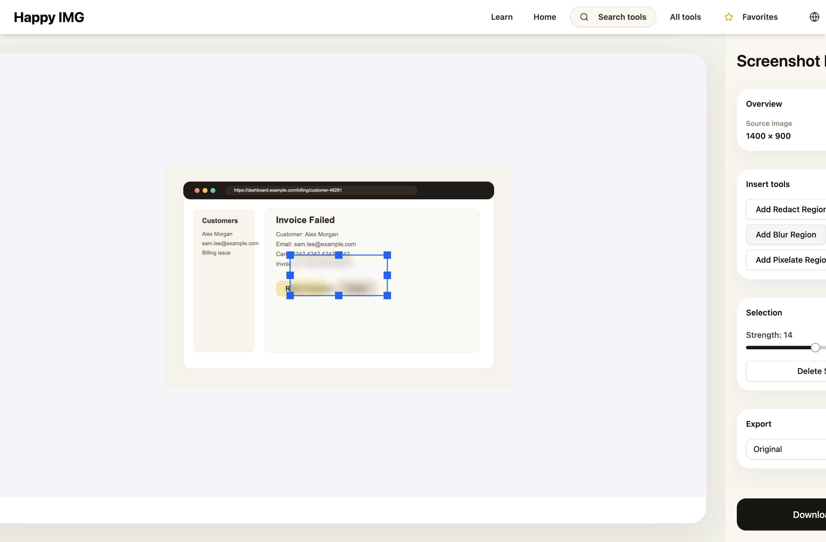 Screenshot Redactor editor with a blur region over private details